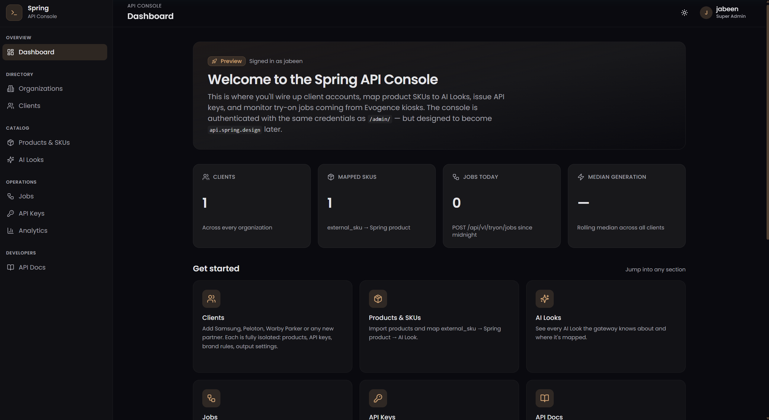 The Spring GLAS API console